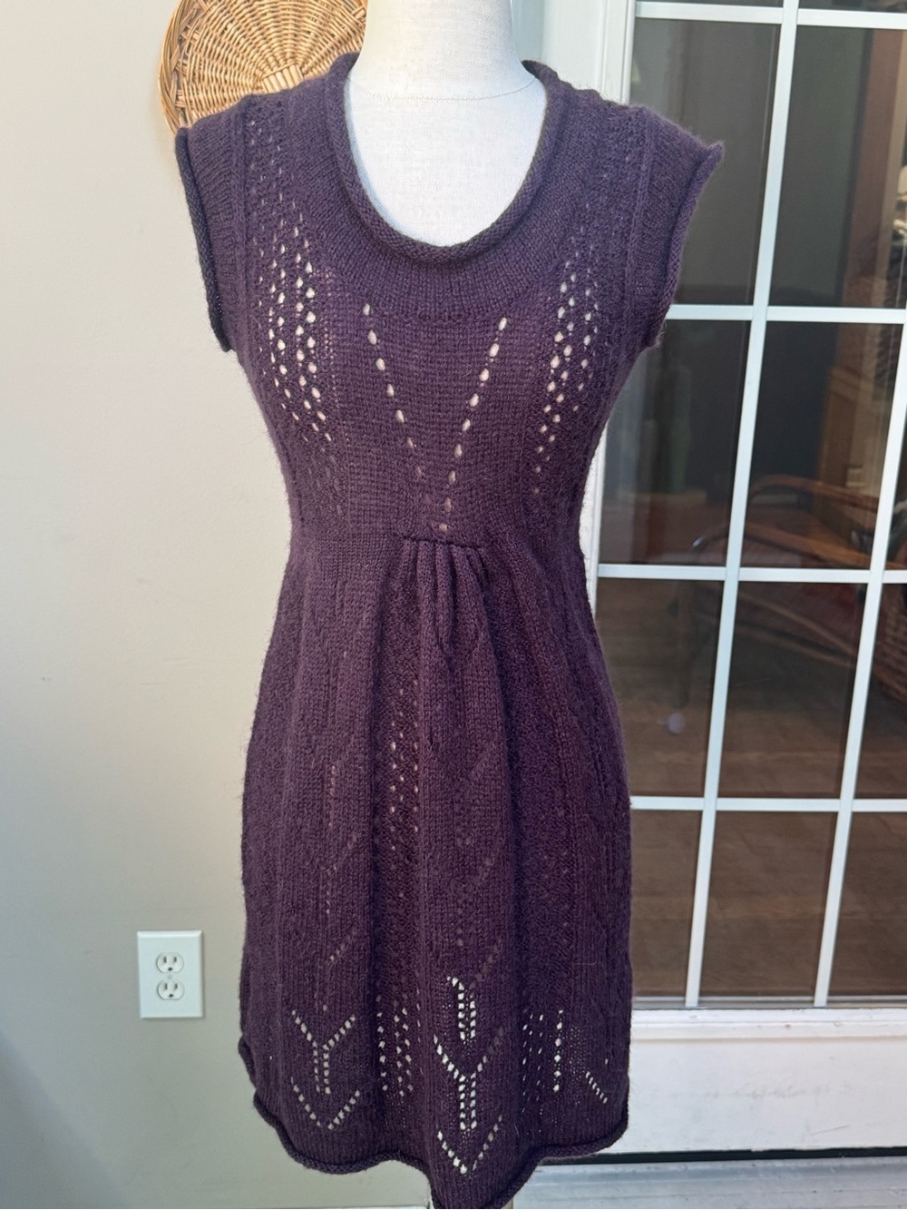 Vintage Pointelle Eyelet Knit Sweater Dress Plum Purple Cap Sleeve Boho S/M